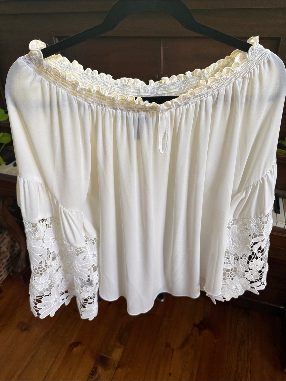 Joseph Ribkoff Off-Shoulder White Lace Bell-Sleeve Top